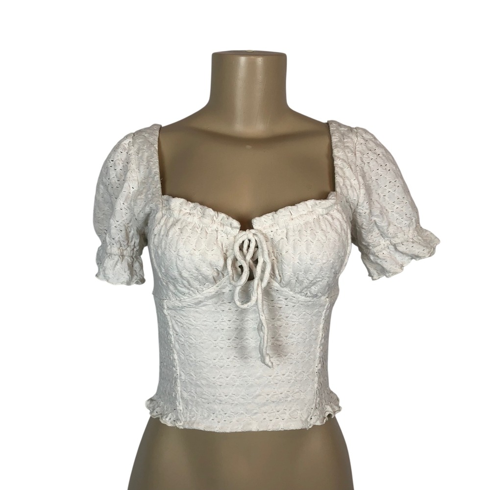 Kirious White Smocked Puff Sleeve Bustier Crop Top Small Coquette‎ Y2K Cottage
